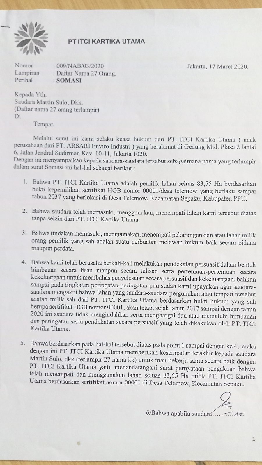 Surat somasi yang sempat diajukan PT ITCHI kepada warga Desa Telemow. Istimewa